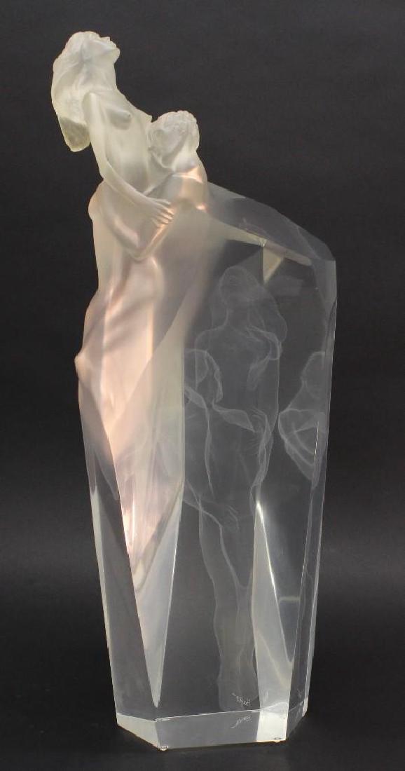 Frederick Hart (1943-1999, District of Colombia,: Lucite sculpture. Signed "Hart" and "1997, 173/350" at bottom of piece. Beautifully cast lucite with frosted finish of figures at side of form, with mirrored traces of the figure image in the luc