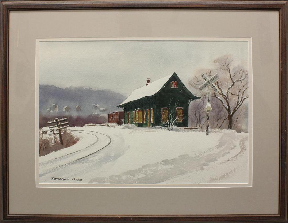 Ranulph Bye (1916-2003, Pennsylvania/New Jersey): Watercolor on paper. Signed "Ranulph Bye" in lower left. Titled on reverse. The view of snow covered train tracks with the small country train station. 13"h x 18.75"w