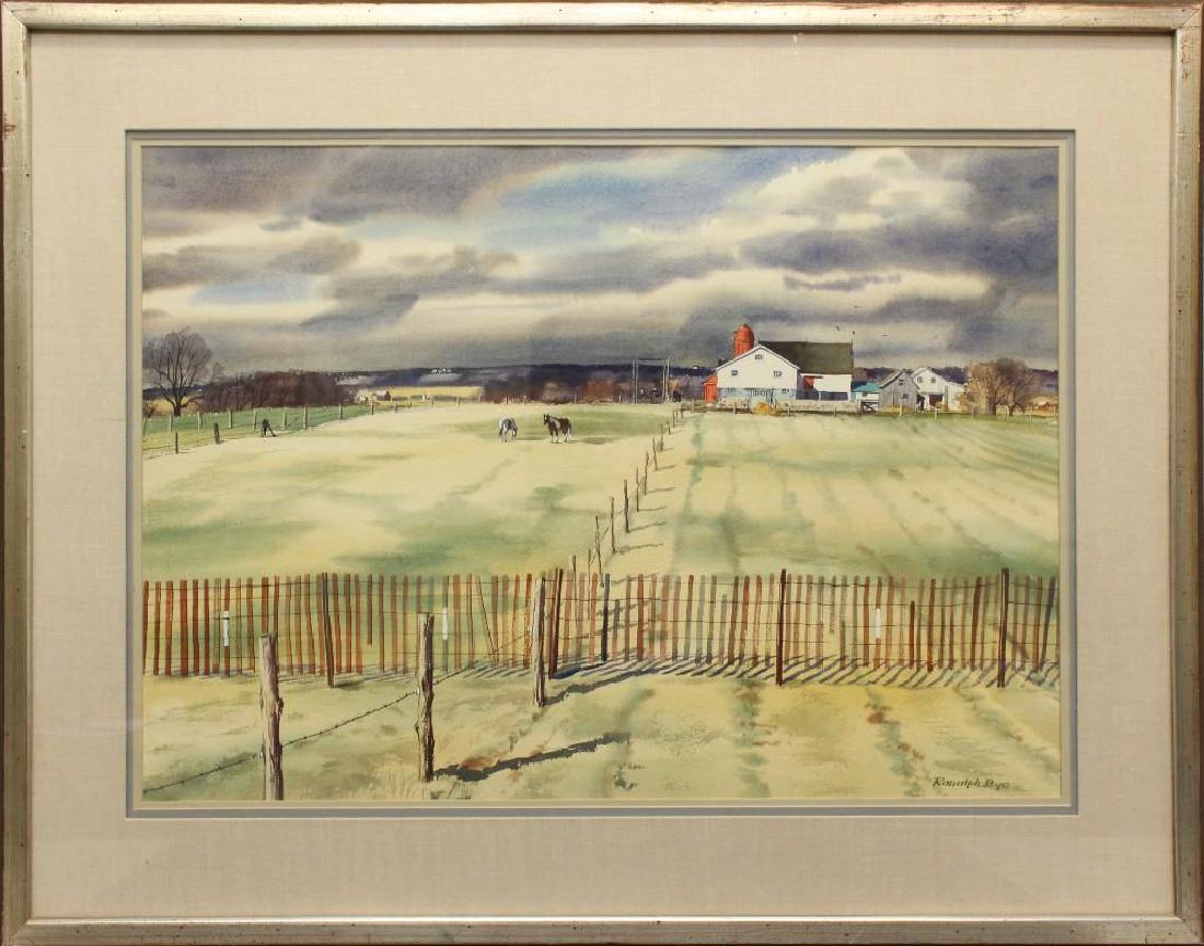 Ranulph Bye (1916-2003, Pennsylvania/New Jersey) "Farm: Watercolor on paper. Signed "Ranulph Bye" in lower right. Titled on Newman Galleries label on reverse. 20"h x 29"w
