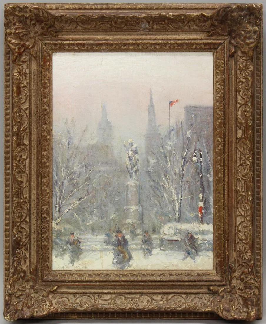 Guy Carleton Wiggins (1883-1962, New York, Connecticut,: Oil on board. Signed "Guy Wiggins NA" in lower left. Snowy cityscape with beautiful pail sky. 12"h x 9"w