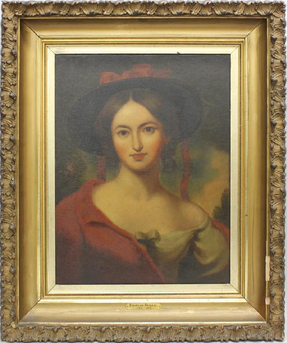 In the Manner of Thomas Sully (1783-1872) Woman with: Oil on canvas. Portrait of young woman, believed to be Rosalie, the sister of the artist. 17.5"h x 23.5"w