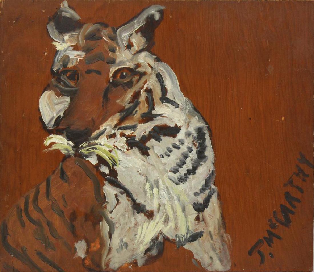 Justin McCarthy (1891-1977, Pennsylvania) Tiger: Oil on wood panel. Signed "J. McCarthy" in lower right. 13.25"h x 15.75"w
