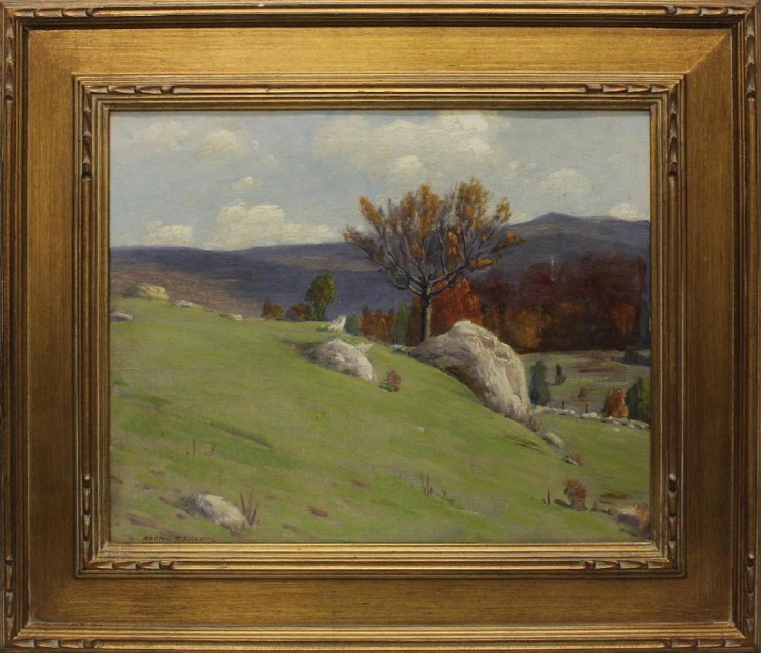 Andrew Thomas Schwartz (1867-1942, New York) Hillside: Oil on board. Signed "Andrew T Schwartz" in lower left. 16"h x 20"w