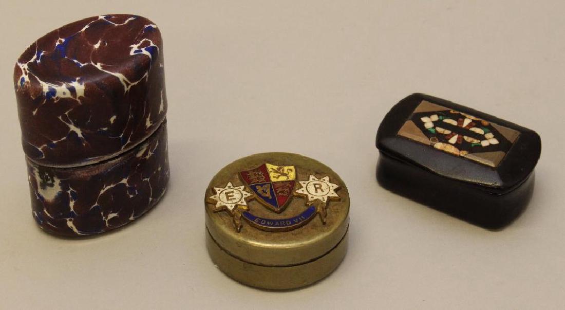 Lot of 3 Decorative Boxes: Lot of 3 highly decorated boxes. Match safe decorated with marbleized burgundy, blue and white with striker on top of lid. Silver plated pill box, Edwardian era King Edward VII, c. 1902. Lid of b