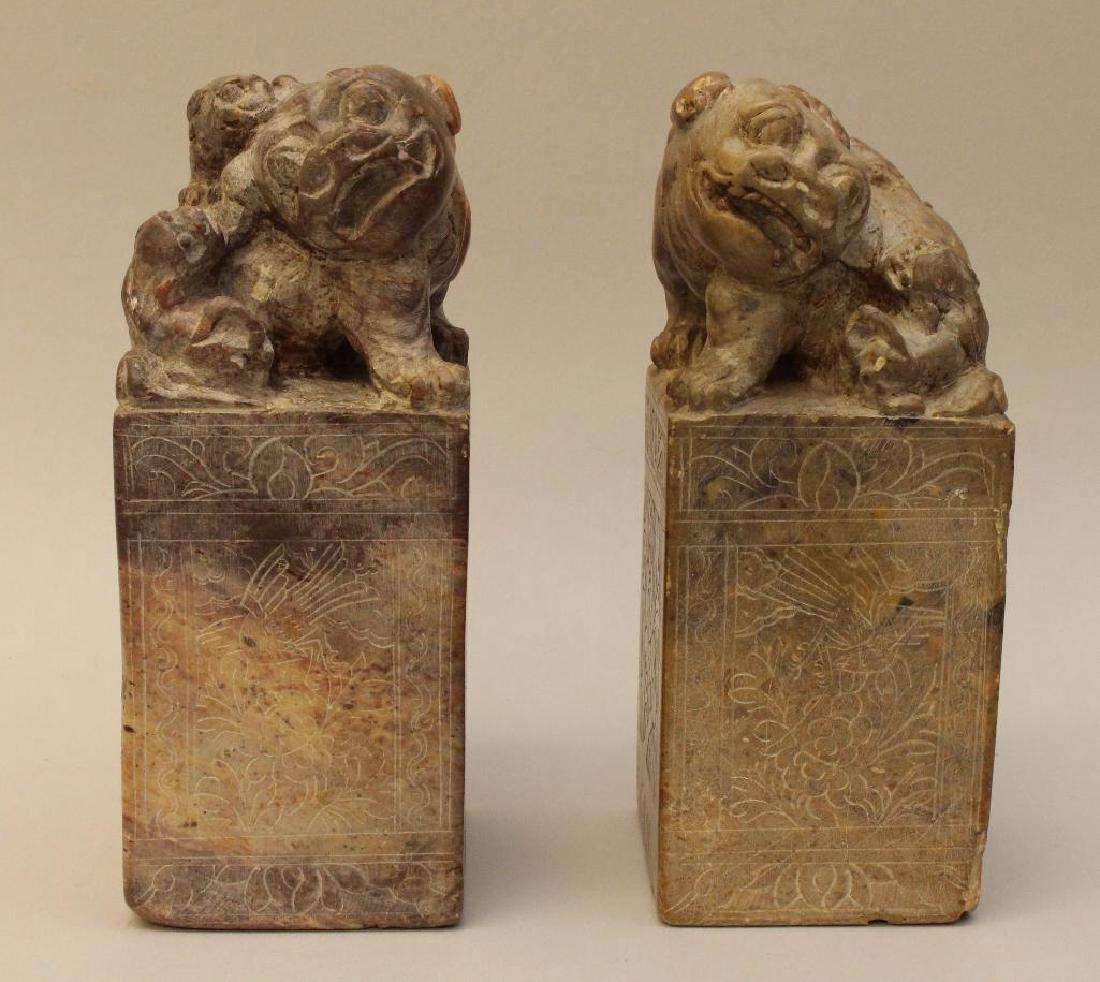 (2) Pair of Soapstone Foo Dog Bookends: 6"h. Marked on bottom.