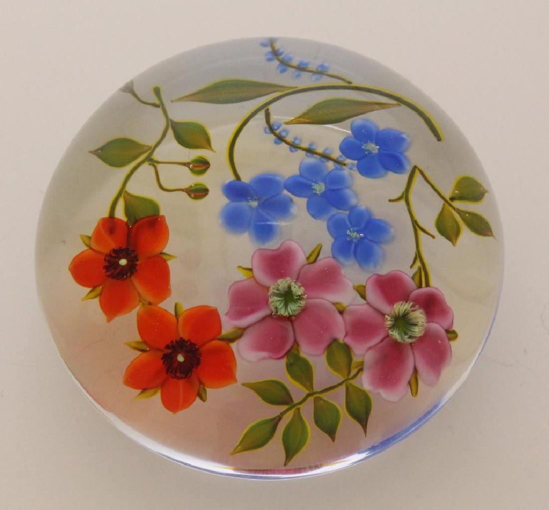 Paul Stankard (b 1943, New Jersey) Wildflower: Lampworked glass. Botanical paperweight with wildflowers. Marked "PS, 2/6, 23973" on lower edge. Edition 2/6. 3"round.