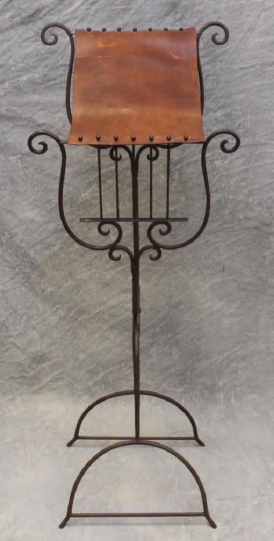 Arts and Crafts Music Stand: Wrought iron with leather music sheet holder, 51"h x 19"d.