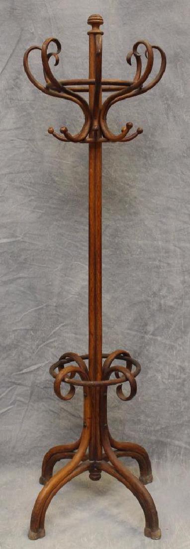 Thonet Bentwood Hall Tree: Garment rack and umbrella holder on curved spider legs. Signed, "Thonet" underneath stamped in wood, 81"h.