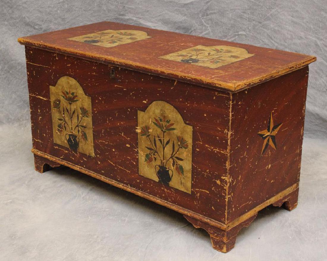 Paint Decorated Blanket Chest: Two arched floral motifs on top and front with star decoration on each side on shaped feet, 20"h x 23"w x 20"d. Loss to paint and lid is not connected to hinges. 