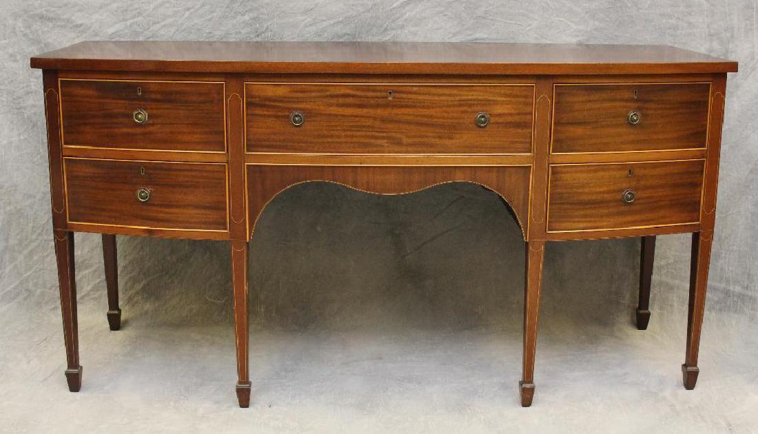 Hepplewhite Style Sideboard: Mahogany with banded inlay, bow front with one center drawer flanked by two drawers on each side on tapered spade legs, 37"h x 72"w x 26"d.
