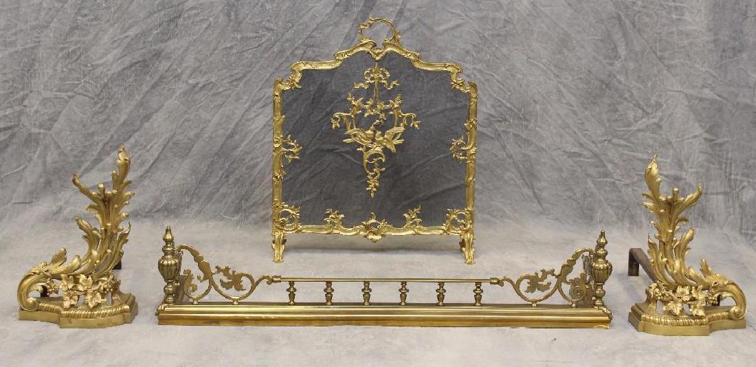 (4) Piece French Bronze Chenet: (2) Pair of andirons, 19"h x13"w x 23"d. (1) Fire Screen, 32"h x 27"w. (1) Fender, 11"h x 51"w x 12.5"d.