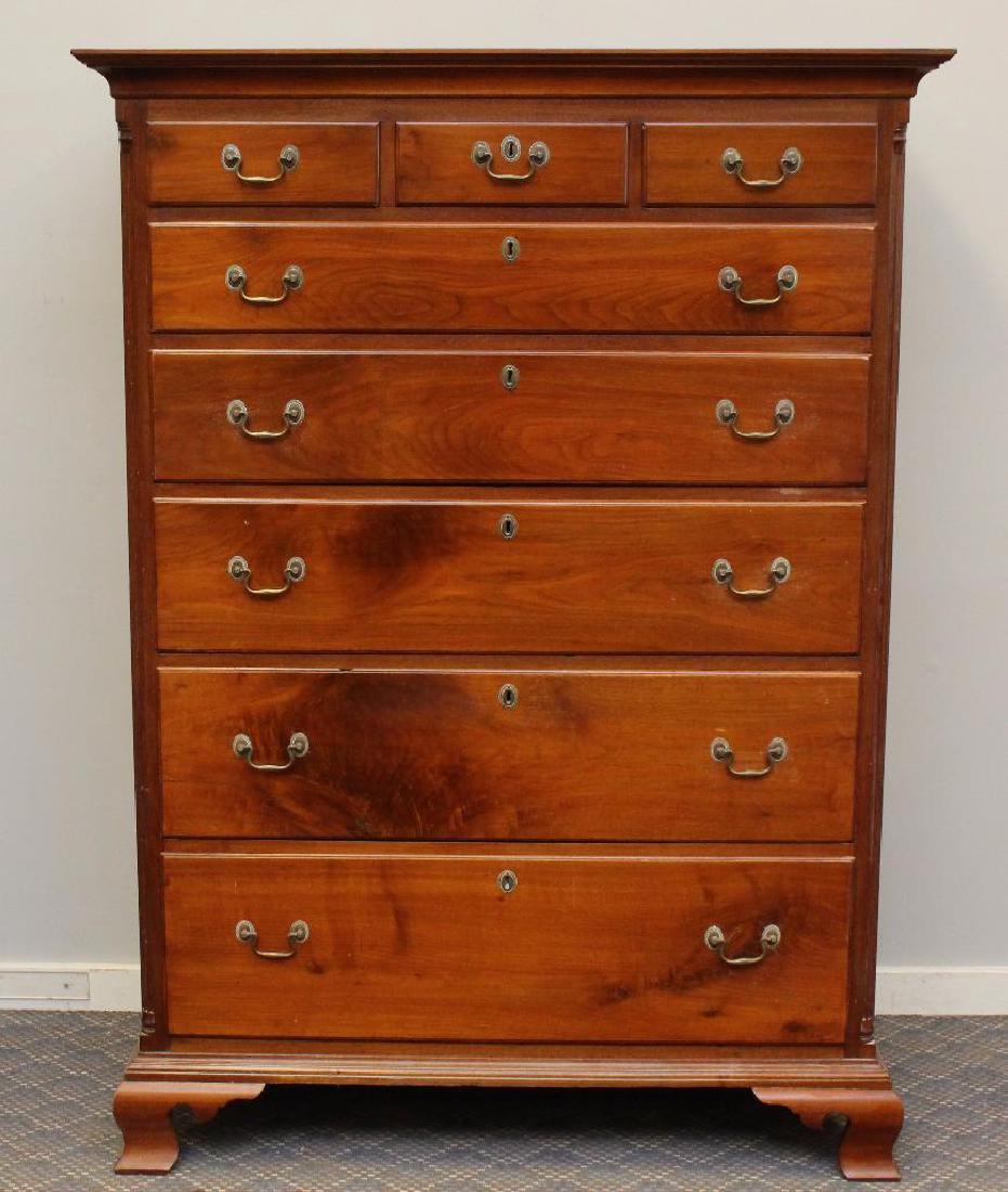 Chippendale Tall Chest of Drawers: Cherrywood with three over five graduated drawers, reeded columns on ogee bracket feet, 62"h x 45"w x 22.5"d.