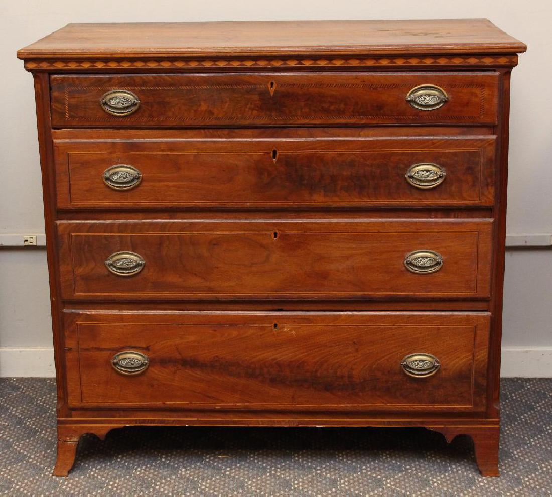 Hepplewhite Chest of Drawers: Walnut with four graduated drawers, diamond inlay above top drawer and banded inlay drawers and skirt, Quater columns on French feet, 37"h x 40.5"w x 21"d. Right front foot is damaged and has been rep