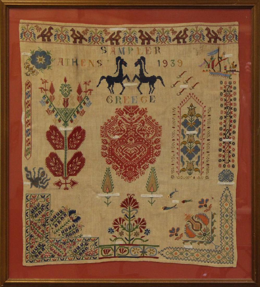 Greek Needlework Sampler: "Athens 1939" with geographic symbology, 39"h x 35"w.