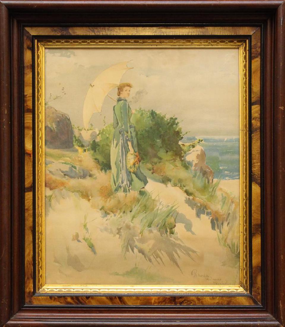 Rhoda Holmes Nichols (1854-1930, New York, Connecticut,: Print, walnut Victorian frame, signed "Rhonda Holmes Nichols" lower right, 6.5"h x 13.5"w. With complimenting stand.