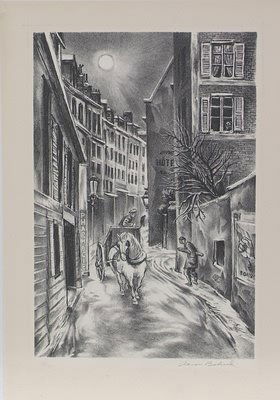 Aaron Bohrod: Street scene, lithograph, 12 1/2" x 8 1/2", (site), SLR "Aaron Bohrod". Artist: American, 1907-1992.