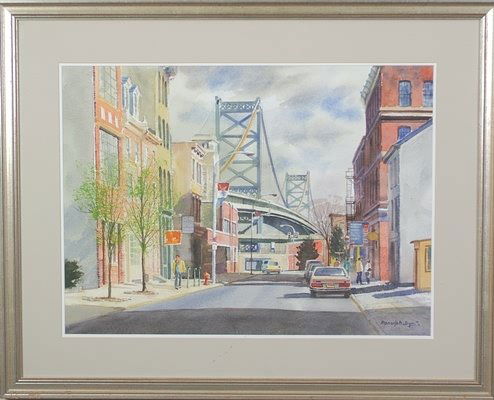 Ranulph Bye: "2nd and Race Street with Ben Franklin Bridge", August 15, 1999, watercolor, 19"x25", SLR. Artist: American, 1916-2003.