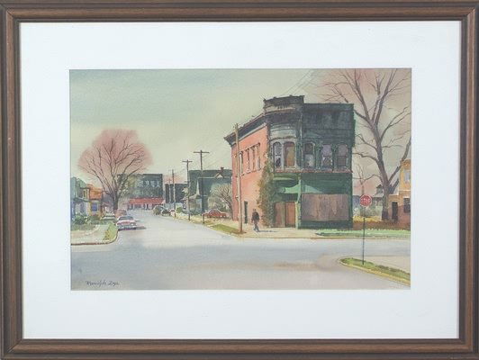 Ranulph Bye: "Clancy Building" Claire, IL., February 1983, watercolor, 14" x 21 1/2". Artist: American, 1916-2003.