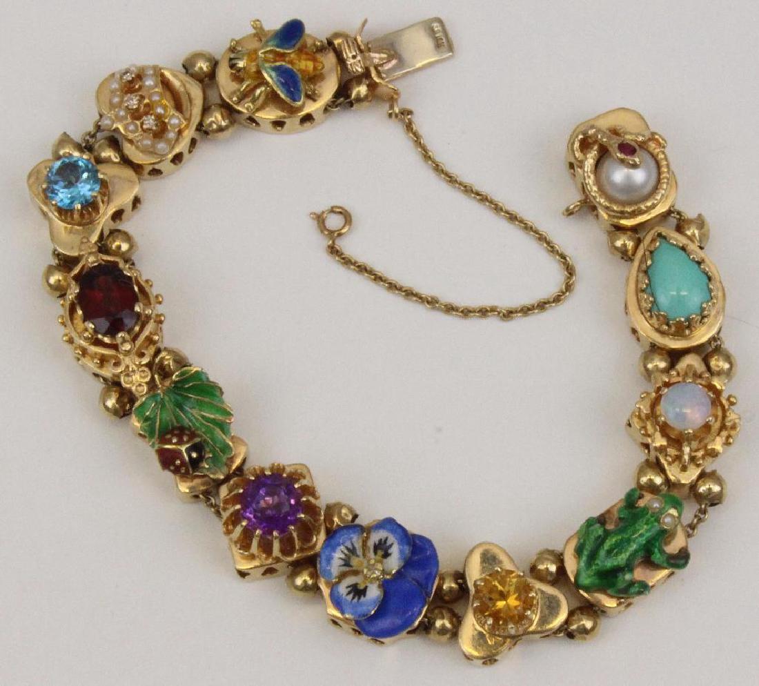 14K Yellow Gold Slide Charm Bracelet. Gemstones, Enamel (1 of 3)