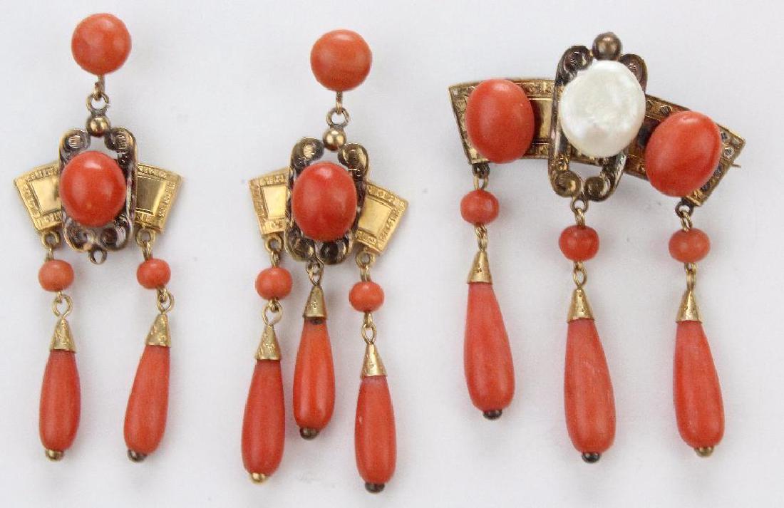 14K Yellow Pin, Earrings. Coral and Pearl. Victorian (1 of 5)