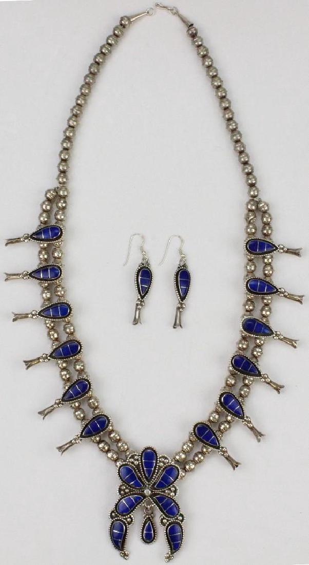 Necklace, Earrings. Squash Blossom. Lapis. Silver. (1 of 8)