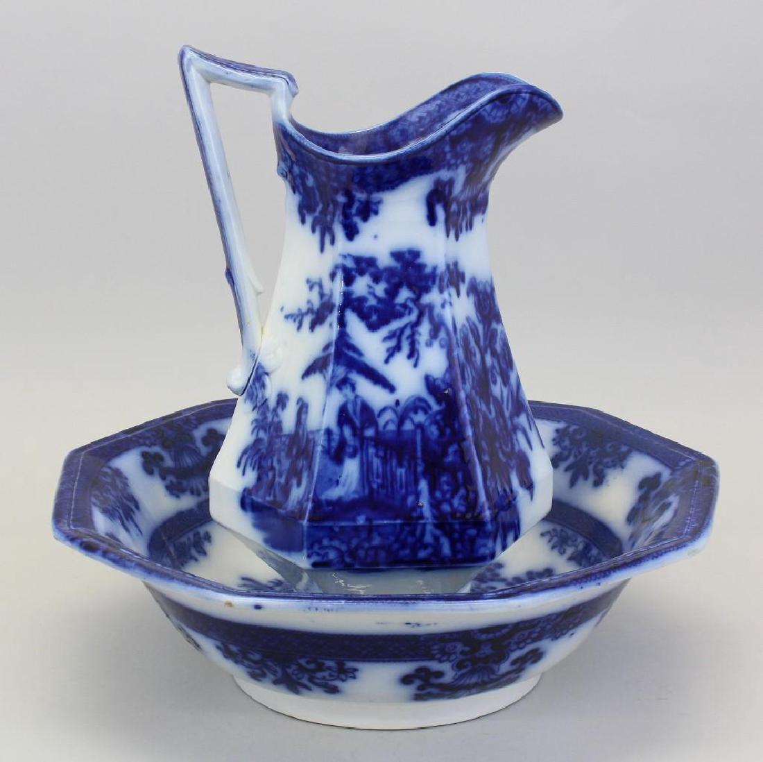 Flow Blue, "Amoy" by Davenport, Pitcher and Wash Basin (1 of 9)