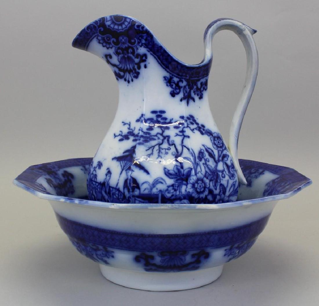 Flow Blue, "Amoy" by Davenport, Pitcher and Wash Basin (1 of 7)