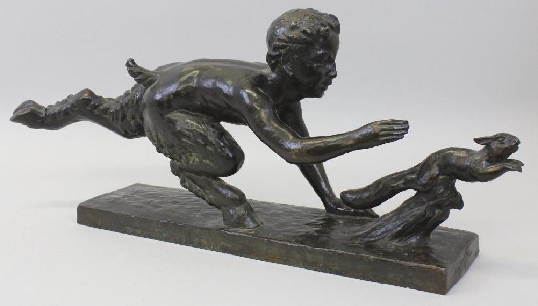 Georges Crouzat (1904-1976, France) "Faun and Squirrel": Bronze. 10.25"h x 24.5"w x 5.25"d