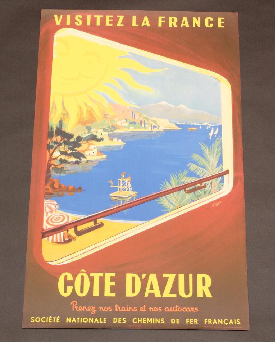 French Travel Poster: French travel poster for Cote D'Azur. Graphics show beach scene with cartoon like sun at upper left, all viewed from window of a train. Poster measures 39" x 24" and exhibits some slight edge tears. C