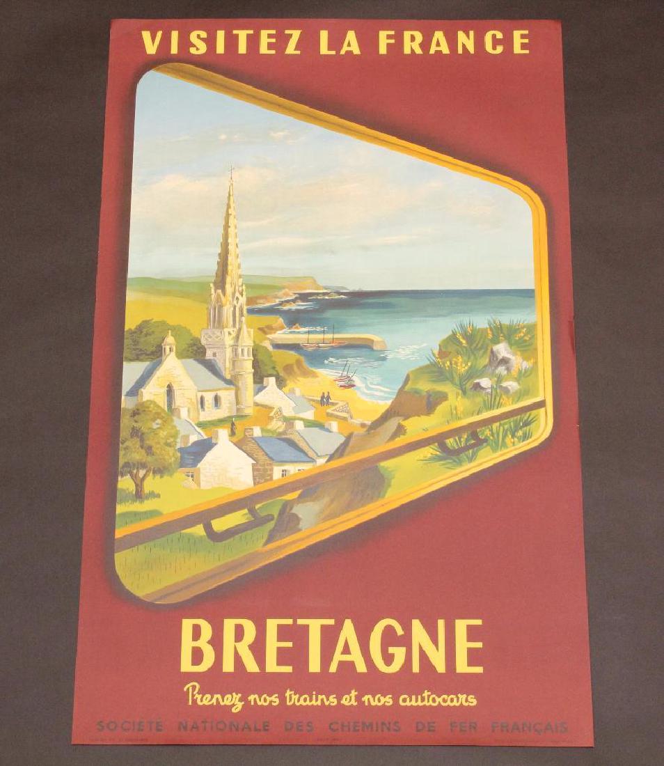French Travel Poster: French travel poster for Bretagne. Graphics show church and town on coast as viewed from window of a train. Poster measures 39" x 24" and exhibits some slight edge bumping. Circa 1950's.