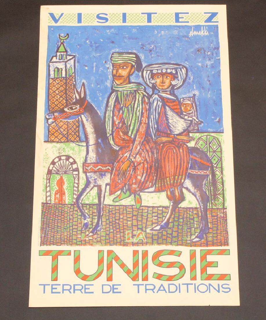 Tunisian Travel Poster: Tunisian travel poster featuring graphics of stylized image of man, woman and small child on horseback. Poster measures 39.25" x 24.25" and exhibits some edge bumping, discoloration and staining at le