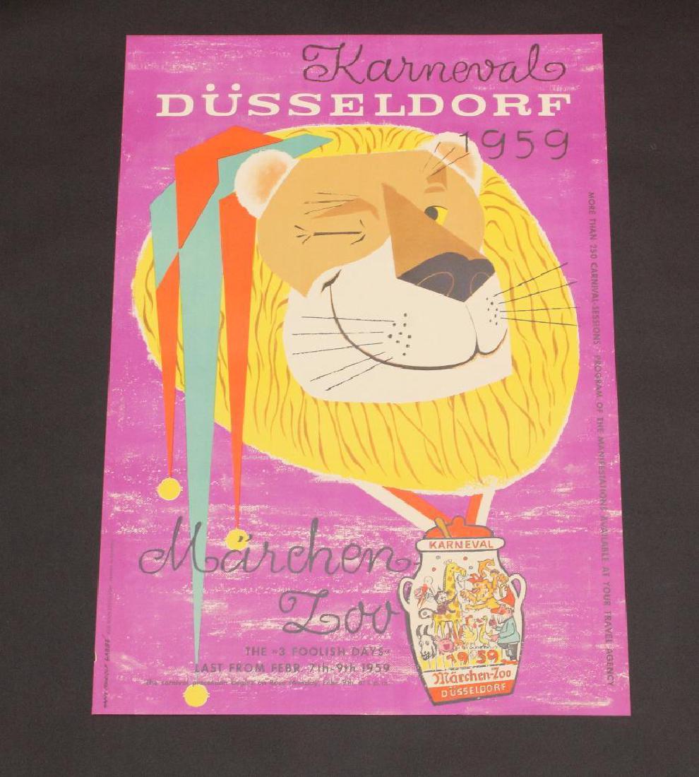 1959 Dusseldorf Carnival Poster: Carnival poster with graphics feature cartoon lion head with information regarding the carnival for February, 1959. Poster measures 33" x 23" and exhibits some edge bumping with small fold at lower ri