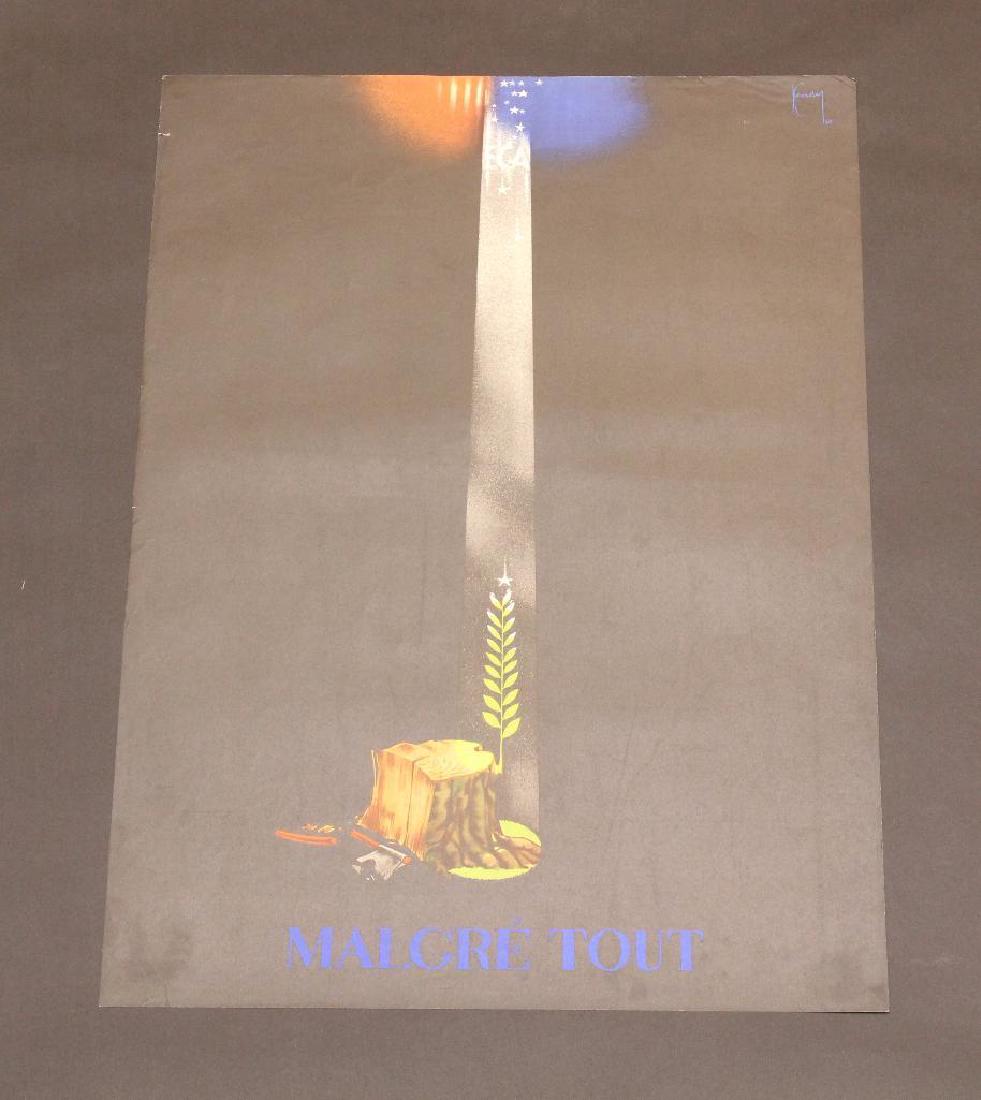 French Travel/Recovery Poster: French poster for the Marshall Plan showing tree stump with broken axe with small plant growing from side of stump while single beam of light shines on sprout. Poster measures 29.5" x 21.5" and exhibi