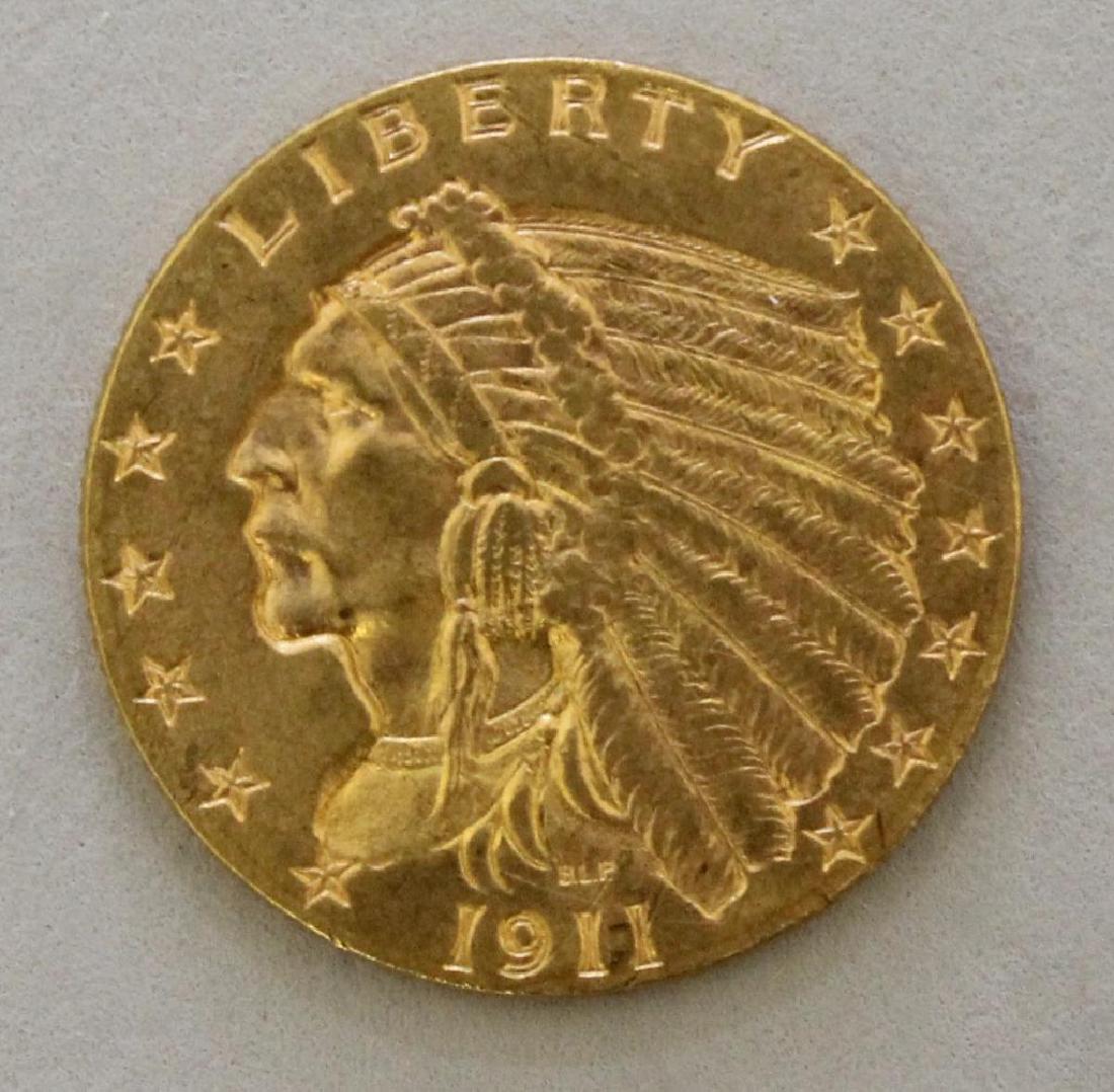 US GOLD: $2 1/2, Indian, 1911 XF+, small obv. scratch