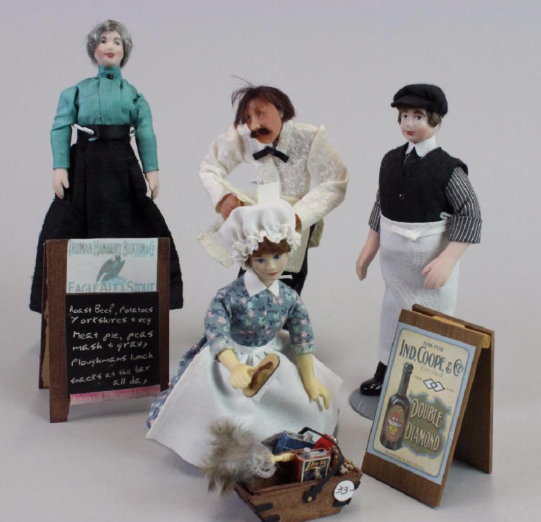 Maid dill, Pub Waiter, Porter, Receptionist: Maid doll (permanent kneel) Ann Lucas UK; Pub waiter Kay Shipp; Porter Jill and Caroline Nix UK "Woodside Dolls"; Receptionist Jill and Caroline Nix Uk "Woodside Dolls"