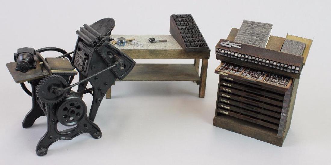 Printing press, type cabinet setting table w/ ink tools (1 of 4)