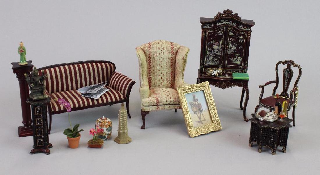 Art Dealer's Apartment - sofa, chairs, desk, clock: Wine and Spirits Shop Building Apartments (building not in auction) Sofa, Chair, Desk and chair, clock,and 2 small pieces - all Bespaq; Pedestal Hansson; and 2 pcs stock furniture - Art Dealers A