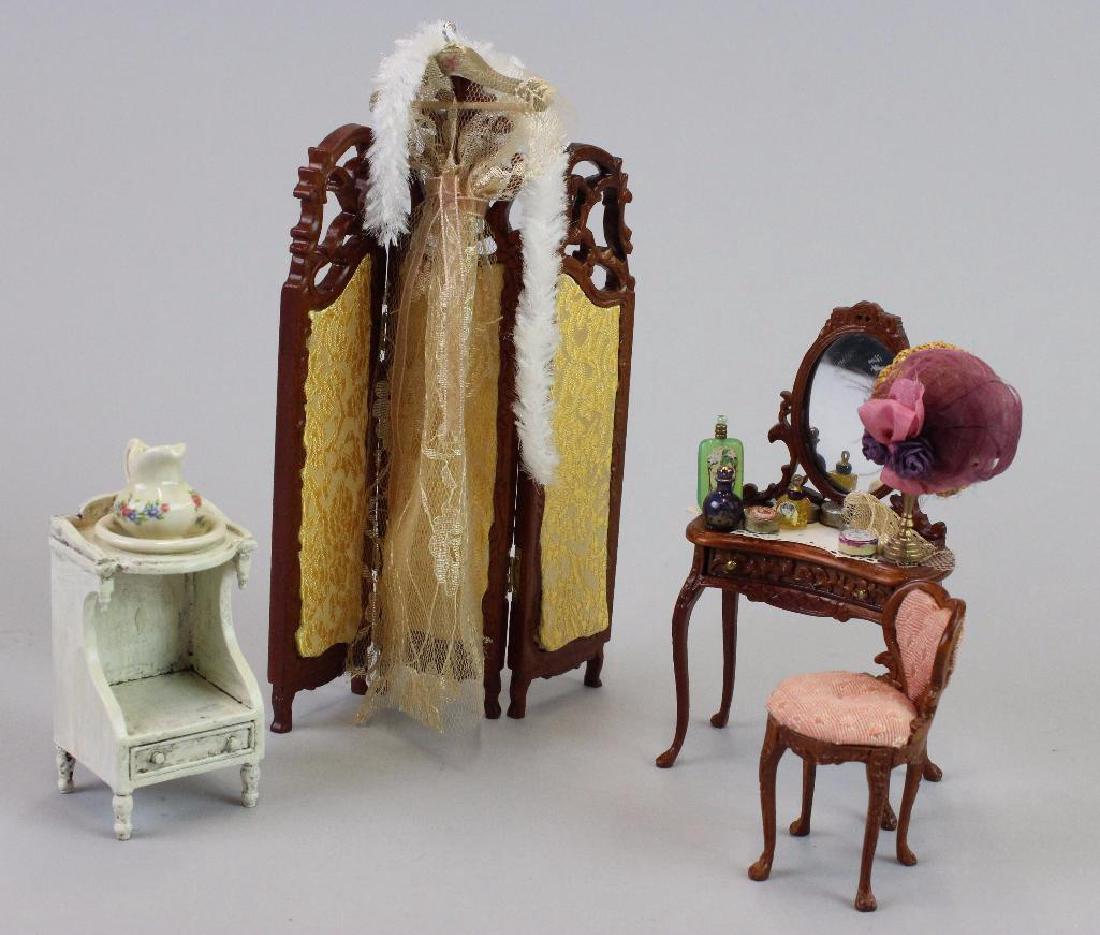 Lady of the Evening Dressing Room Items: Wine and Spirits Shop Building Apts (building not in auction) - Lady of the Evening Apartment, Bespaq vanity with artist items, vanity stool, Silvia Leiner hat, dressing screen, and washstand