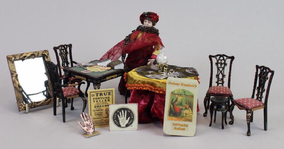 Wine and Spirits Shop-Fortune Teller table crystal ball: Artist made items many by Steve Hilbert UK; Fortune Teller table and chairs Bespaq; Fortune teller dressed by D. Birnberg; and Fortune teller table with lighted crystal ball D. Birnberg