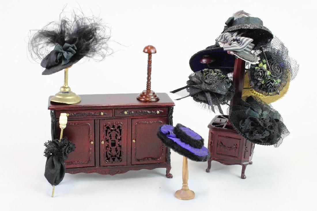 Hat stand with ladies hats and umbrella: Hat stand with ladies hats various artists and Credenza Bespaq with 3 hats and umbrella various artists