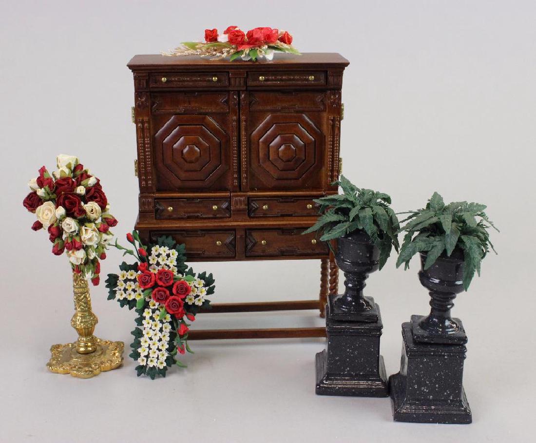 Two ferns on stands w/ arrangements; and Tudor Cabinet (1 of 5)