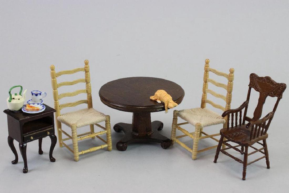 Round table, 3 chairs and Side table: Round table marked on bottom, 3 chairs and Side table