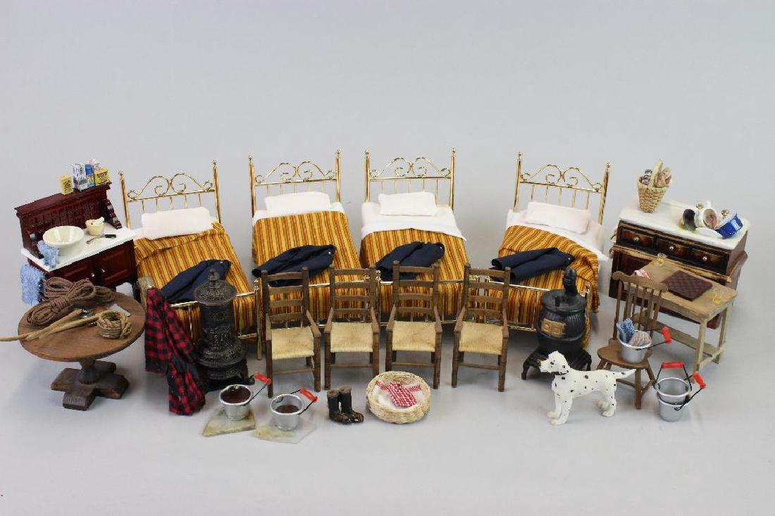 Fireman items: boots, ropes/hatchets, coats, buckets: Caned chairs, circular table, Table & checker board; and potbelly stove, heater, chair with clothes and boots, ropes and hatchets, fireman coats, buckets with water, hanging robe