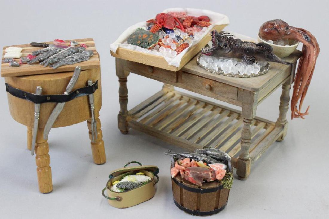 Work table Pride of Place, Country Contrast, Merry Gou: Work table Pride of Plaice, Country Contrast, Merry Gourmet, WrightGuide; and Monkfish, Octopus, seafood bin, poaching pot with fish AU; and Butcher stand with fish