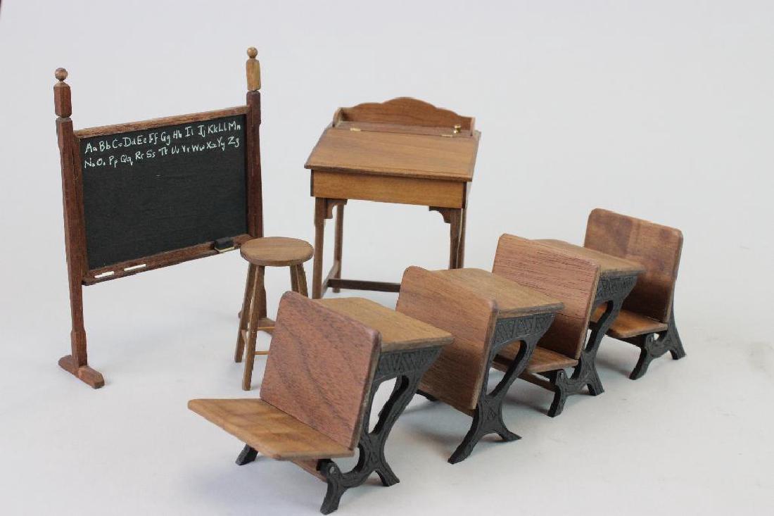 Desks, school mistress desk and stool, chalk board&: 4 desks, school mistress desk and stool, chalk board& eraser, The Stocktons