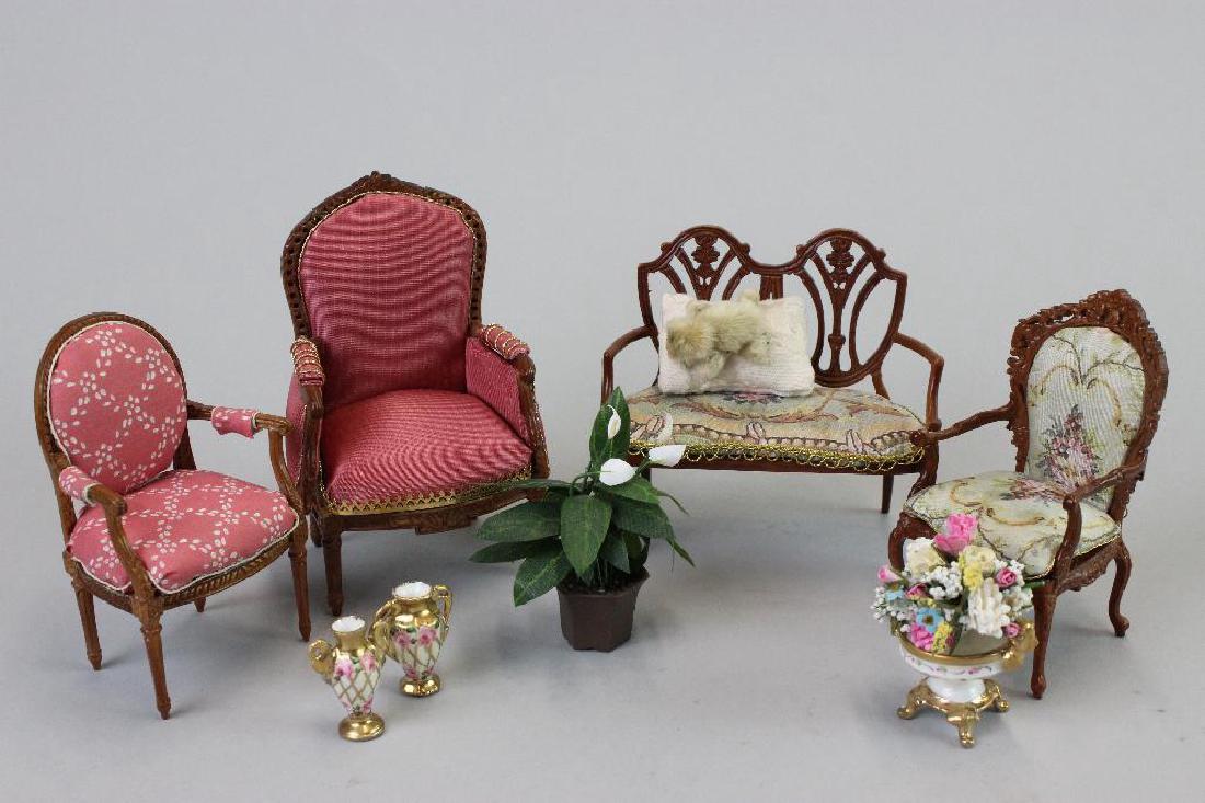 Settee and Chairs; 3 porcelain items for fireplace;: Settee and Chairs - Bespaq D. Birnberg finished; 3 porcelain items for fireplace Nicole Minnick; Dog bed and plant