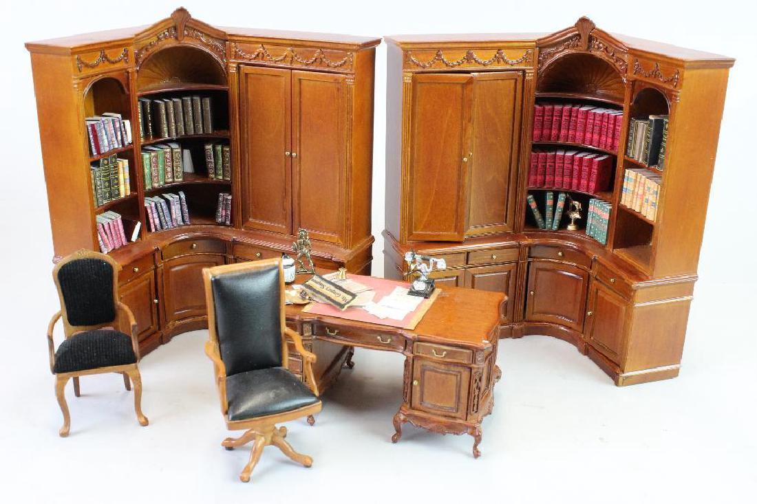 Bank manager's desk, chairs, corner bookshelves, books: Bank manager's desk Bespaq; 2 corner bookshelves JBM books K. Blythe; Bank manager's chair and guest chair JBM