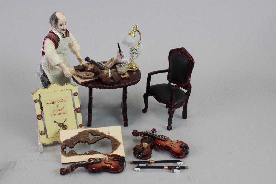 Violin work bench, table, chairs; 2 violins and bows (1 of 5)