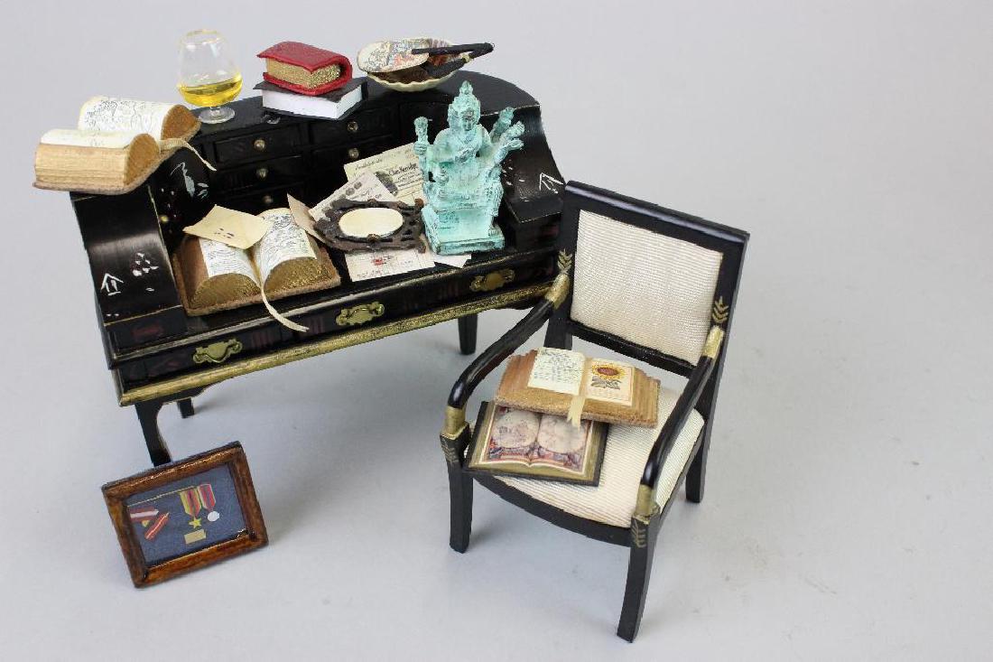 Desk, chair, books, oriental figurine, artists made (1 of 4)