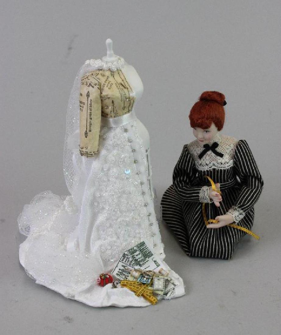 Seamstress doll, wedding gown: Seamstress Patsy Thomas; Wedding gown under constrution Shadow Box